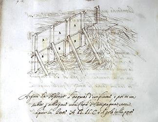 Cassiano dal Pozzo (attr.), Codice Corazza, c. 1640, apografo da Leonardo: studi in materia di ingegneria idraulica. Napoli, Biblioteca Nazionale.